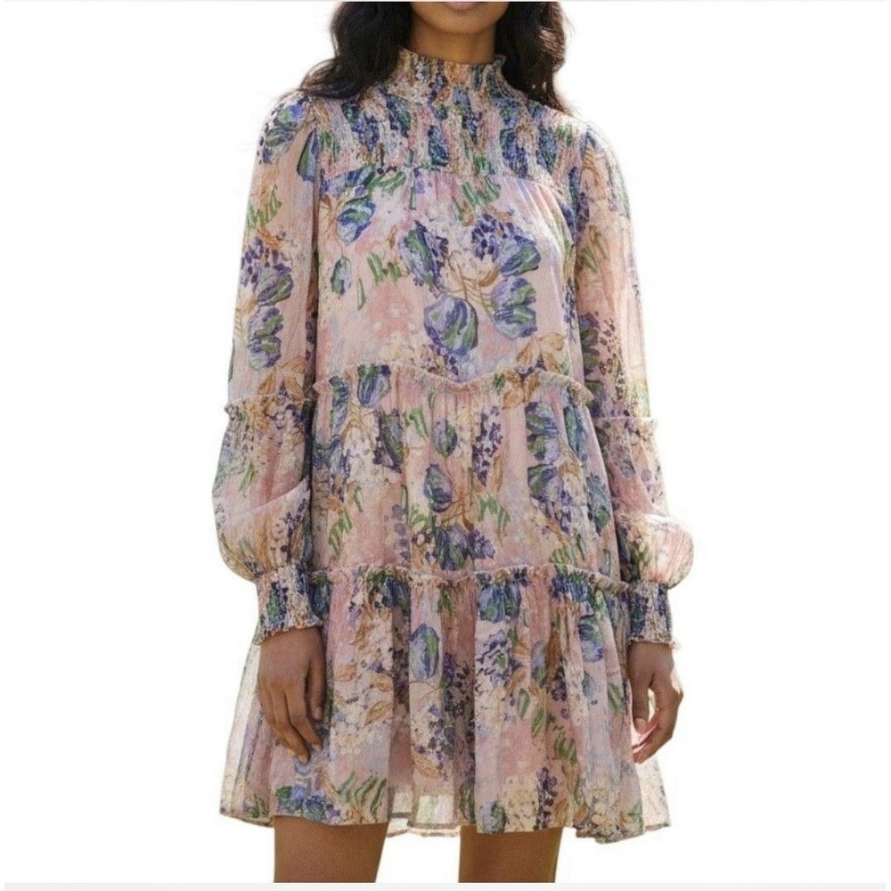 Fate Mini Dress Smocked Mock Neck Tiered Floral Colorful BeigeGreenPurple SzS